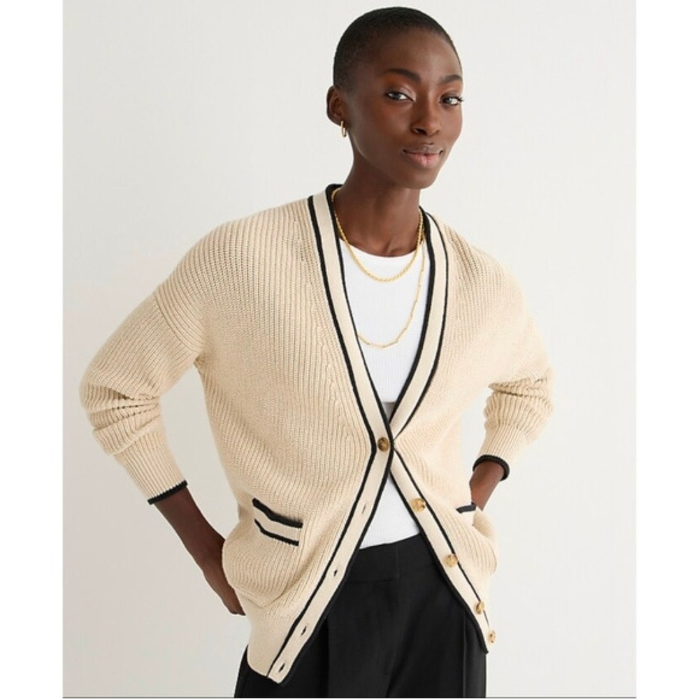 J.Crew Womens Cream Black Tipped V-Neck Shaker Stitch Cardigan Sweater XS BO519